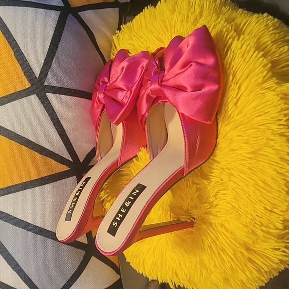 Pink Satin Bow High Heeled Mule Shoe - Picture 3 of 6